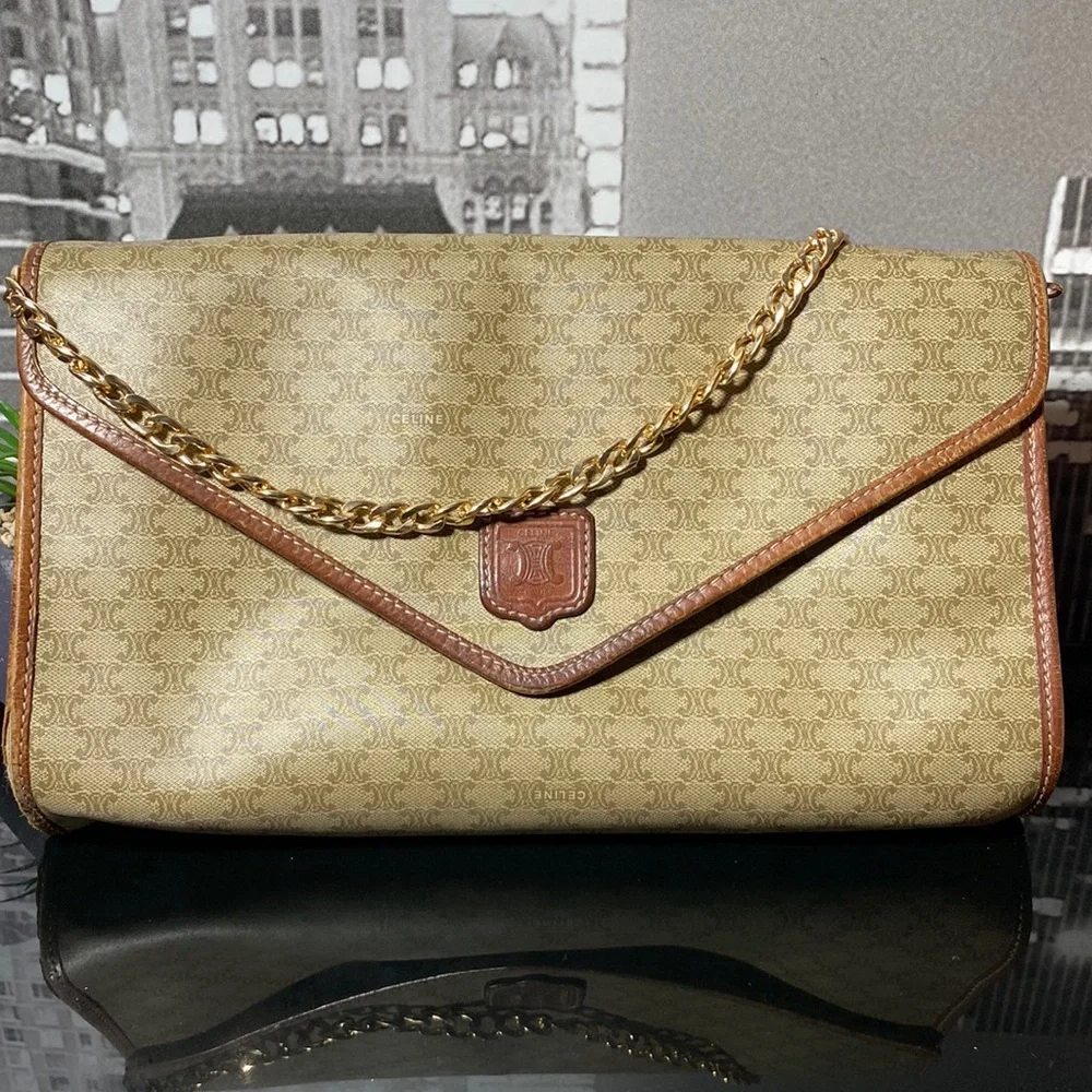 Celine Tan and Brown Chain Shoulder Bag - Picture 1 of 10